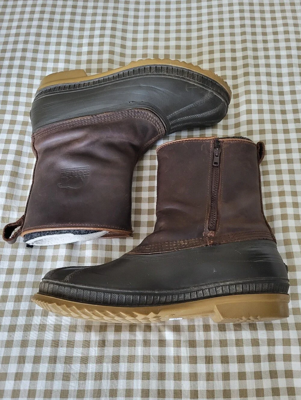 Sorel Brown Leather & Rubber Winter Pull-On Boots, Removable Wool Liner, Sz 10